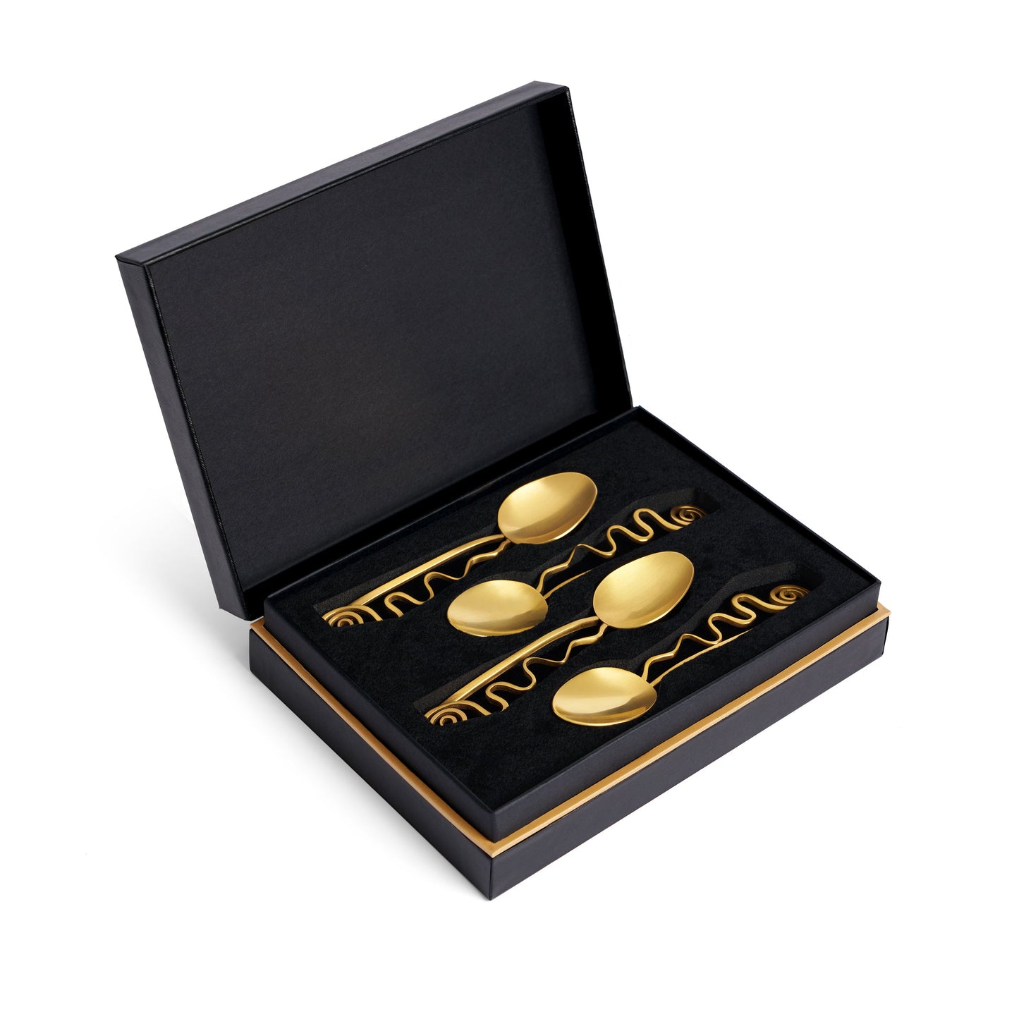 L’Objet Spirale cocktail spoons set of four presented in a black luxury gift box
