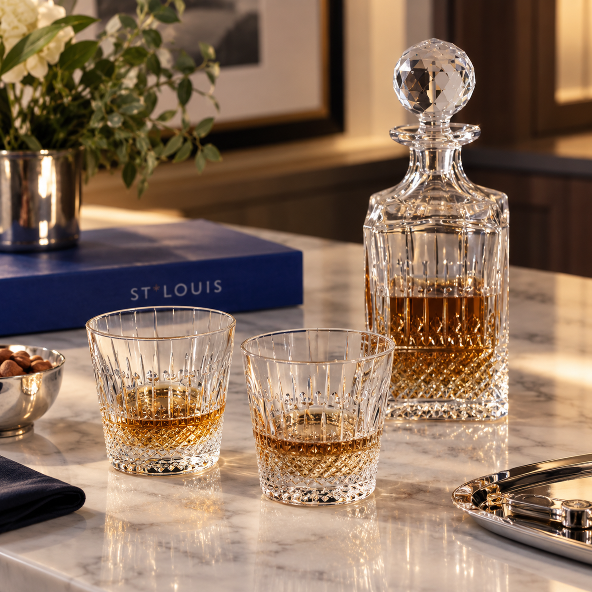 Saint Louis Tommy Set of Square Decanter & 2 Old Fashion