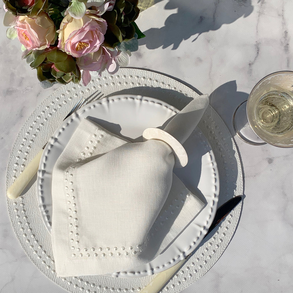 Bodrum Pearls Embroidered Napkin Set of 4 White