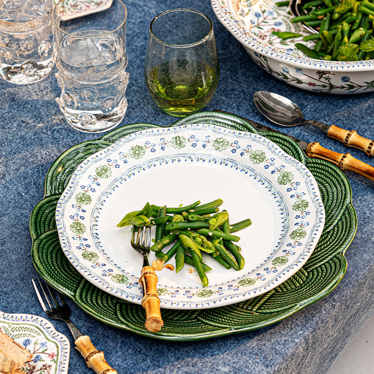 Villa Seville Dinner Plate, Chambray, studio shot detail