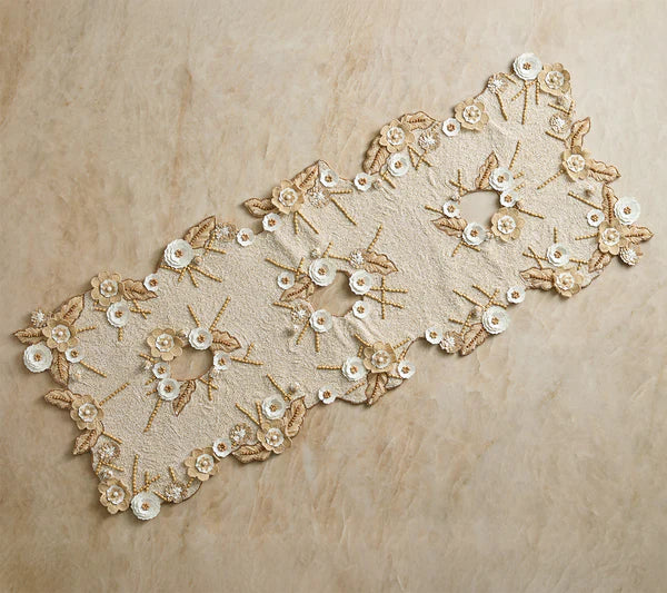 Kim Seybert Bramble Runner in Ivory, Natural & Gold