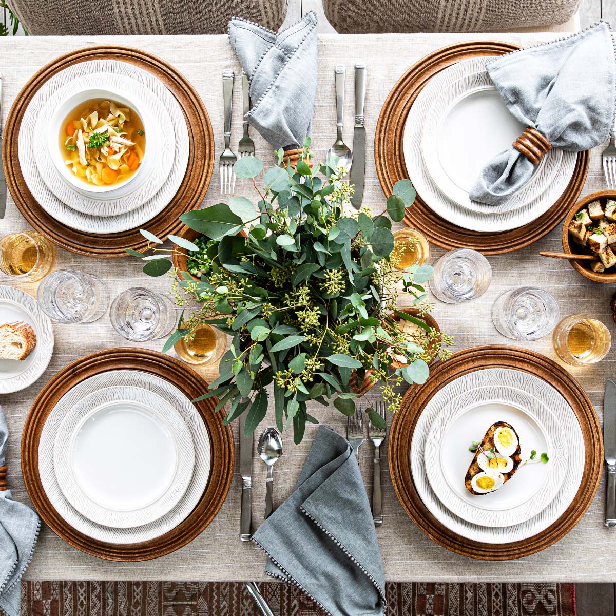 Juliska Blenheim Oak 16pc Place Setting, styled table setting