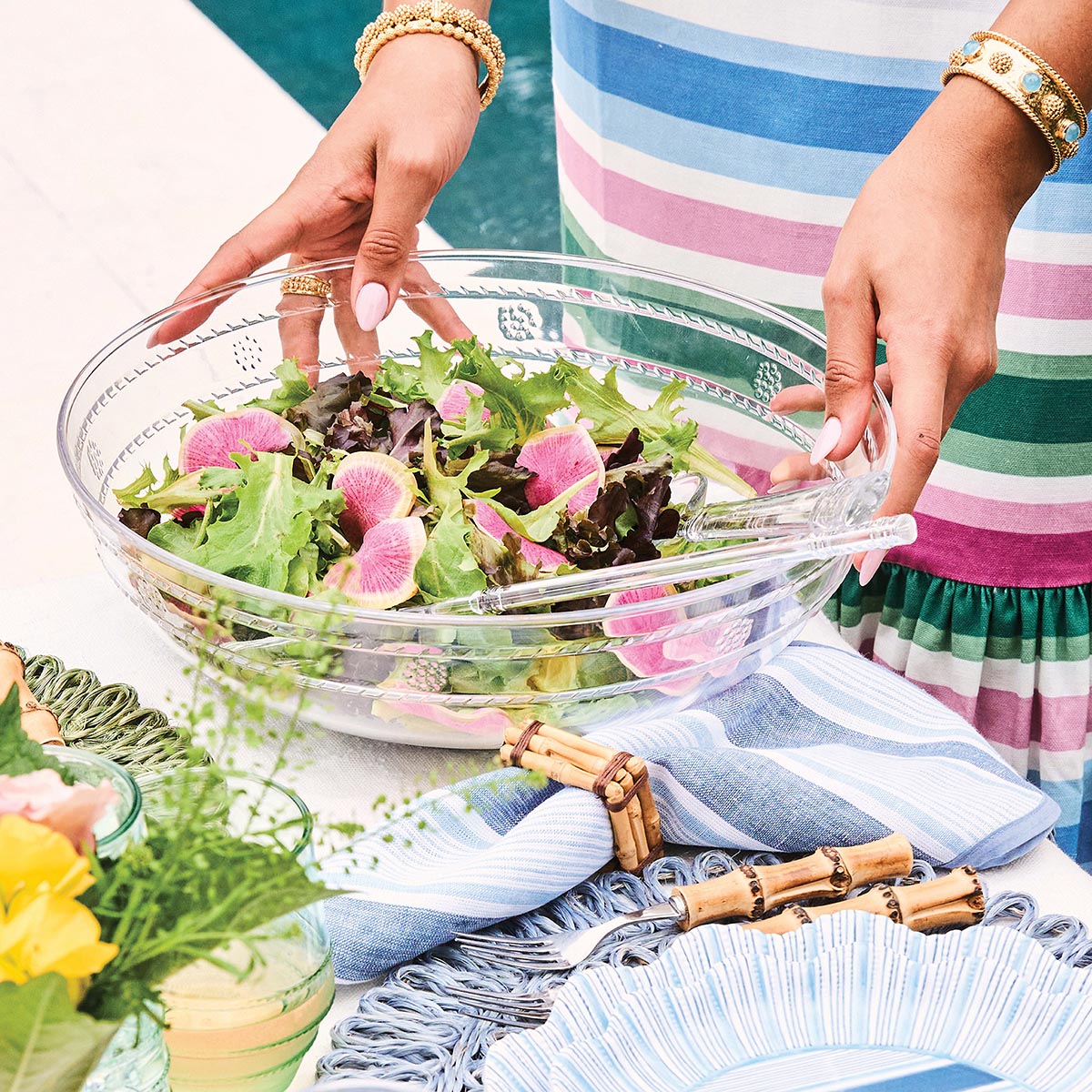 Isabella Acrylic 13 inch Serving Bowl, lifestyle in-context