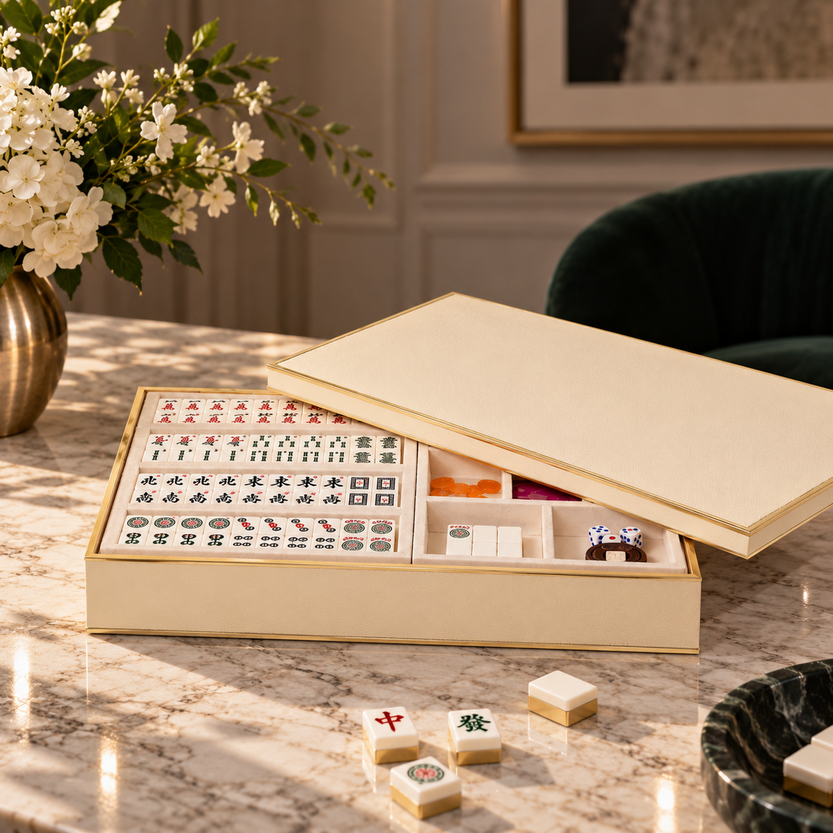 Aerin Luxe Shagreen Mahjong Set w/ Pieces, Cream