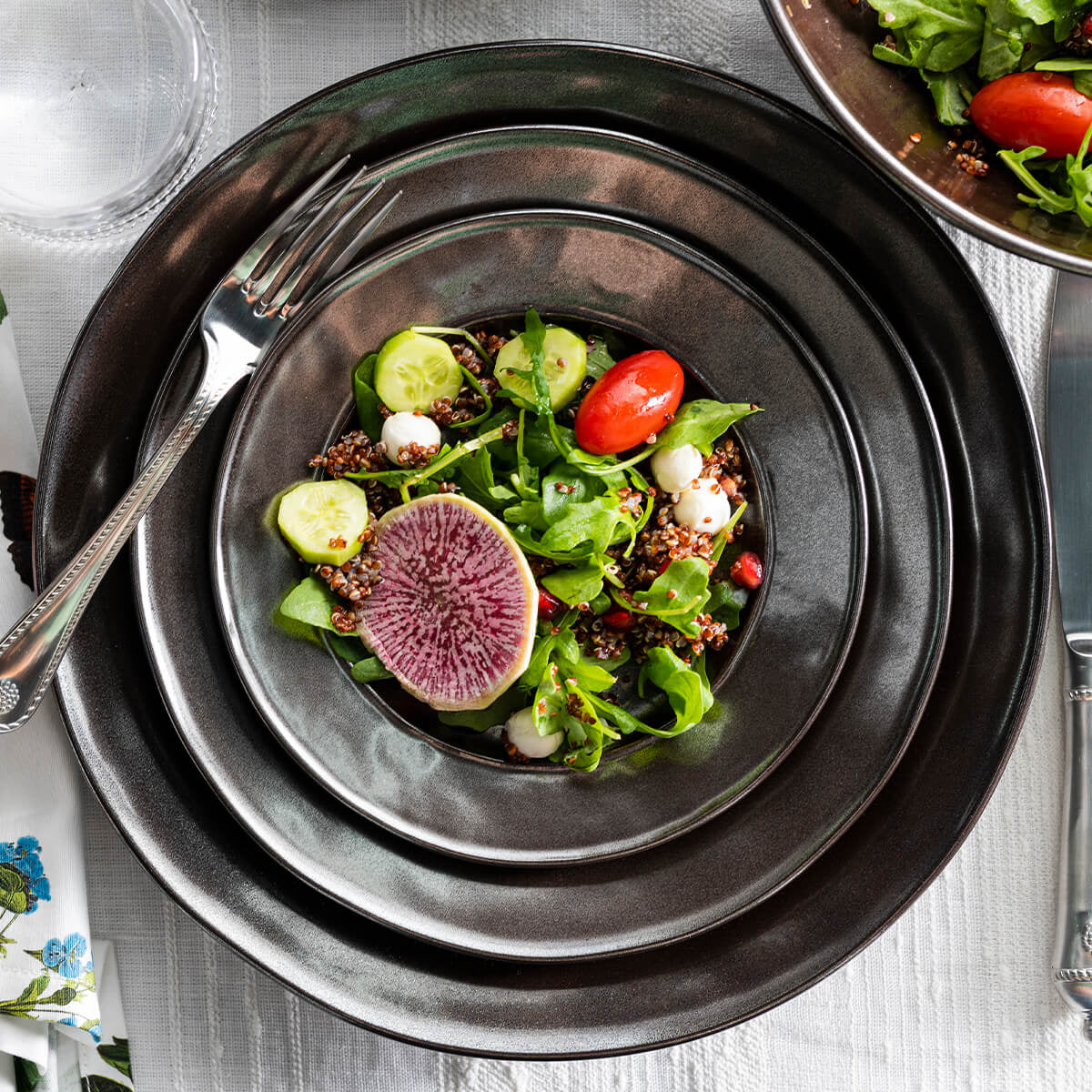 Juliska Pewter Stoneware Charger, styled table setting