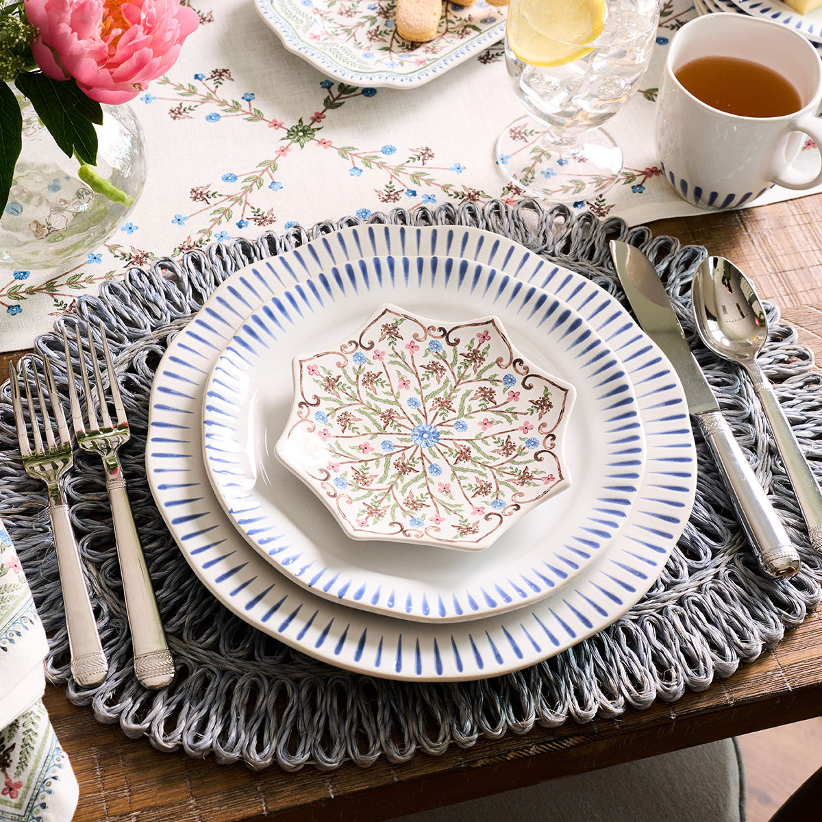 Juliska Sitio Stripe 4pc Place Setting Delft Blue, styled table setting