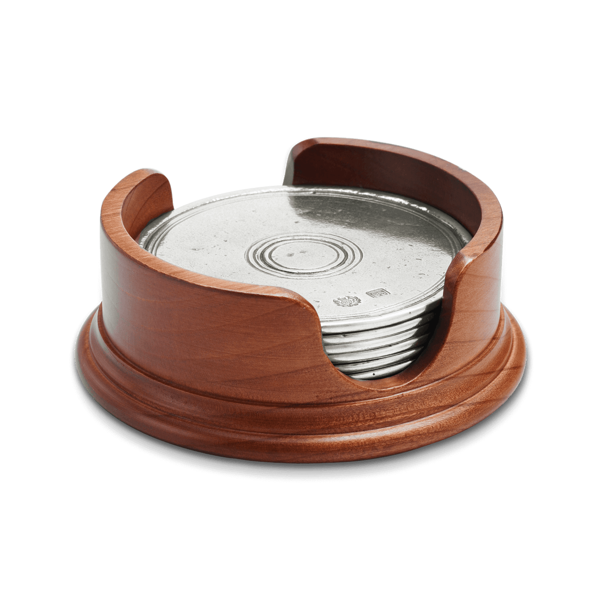 MATCH round pewter coasters in cherry wood base, set of 6