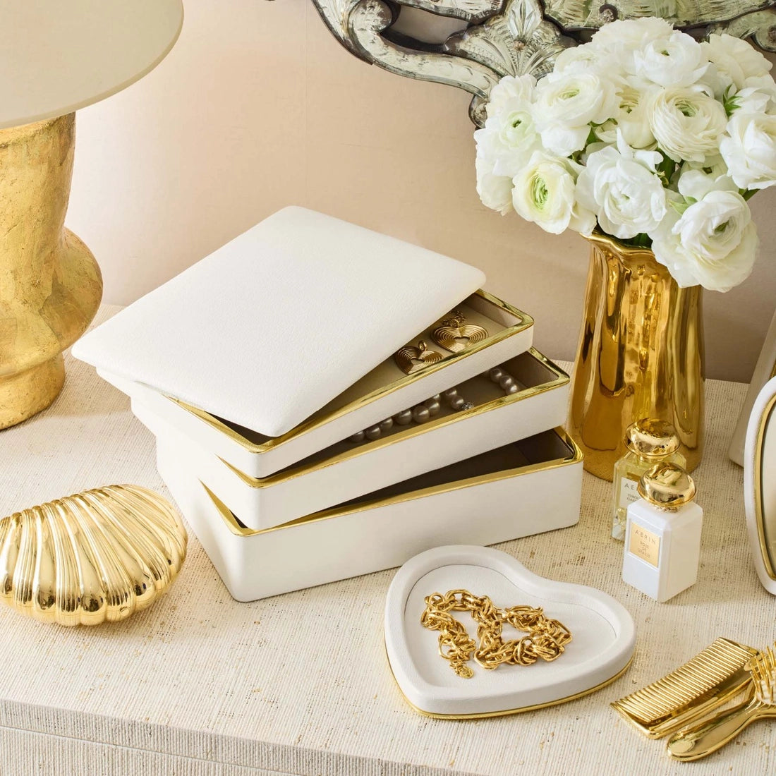 Aerin Piero Leather Large Stacked Jewelry Box, Shadow White