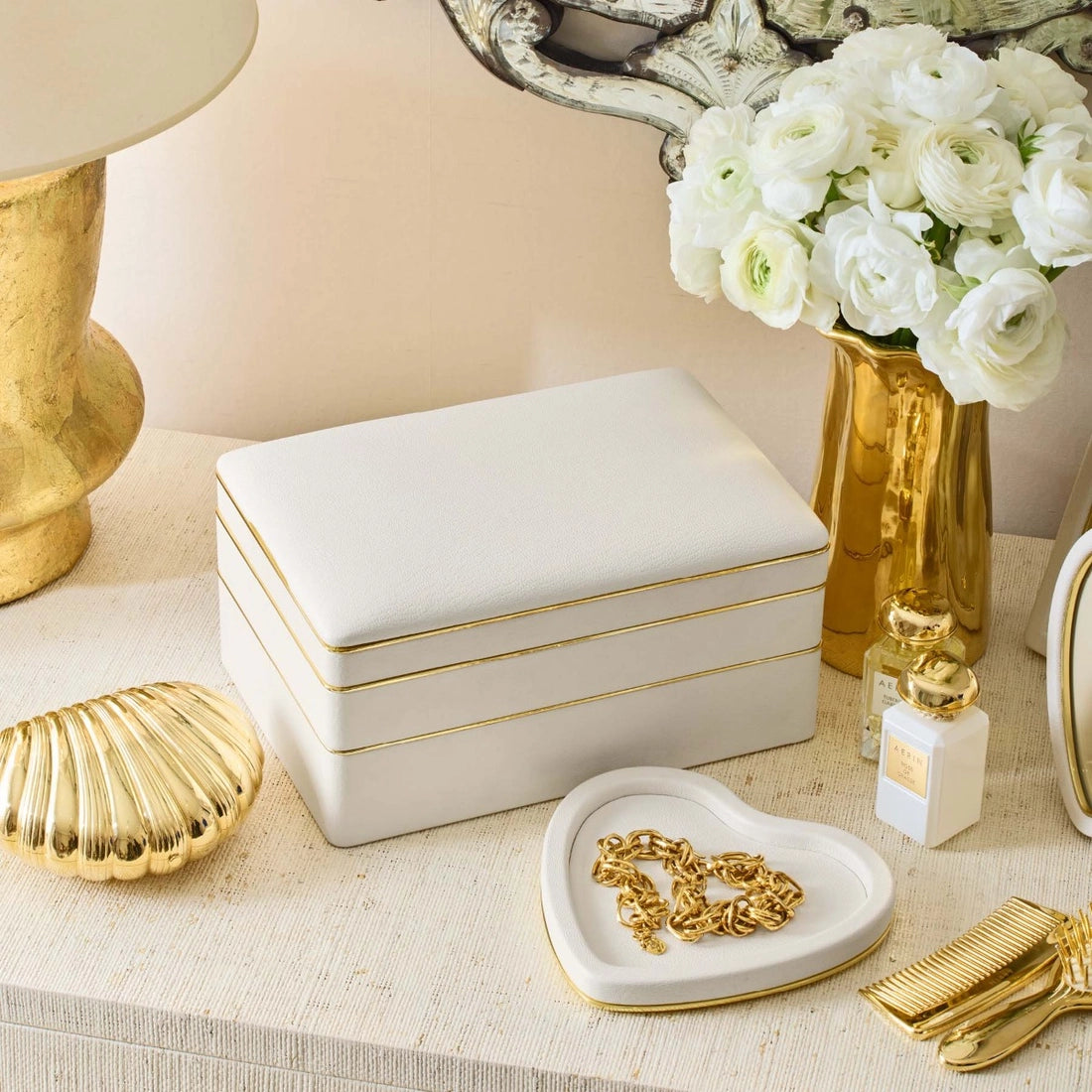 Aerin Piero Leather Large Stacked Jewelry Box, Shadow White